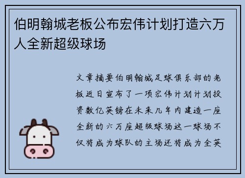 伯明翰城老板公布宏伟计划打造六万人全新超级球场